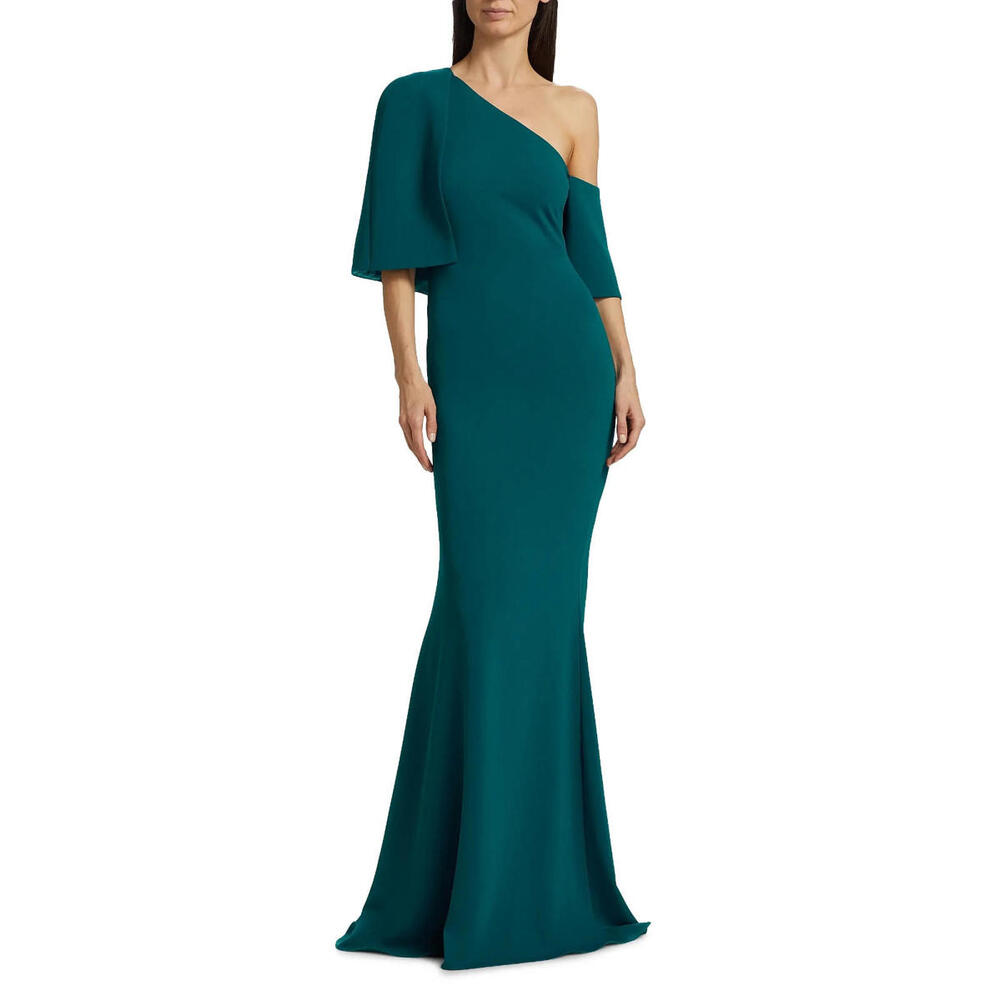 Badgley Mischka Stretch-Crepe Cape Gown $695 Teal Sleeves sz 0 Runway Prom Gala - Picture 5 of 5